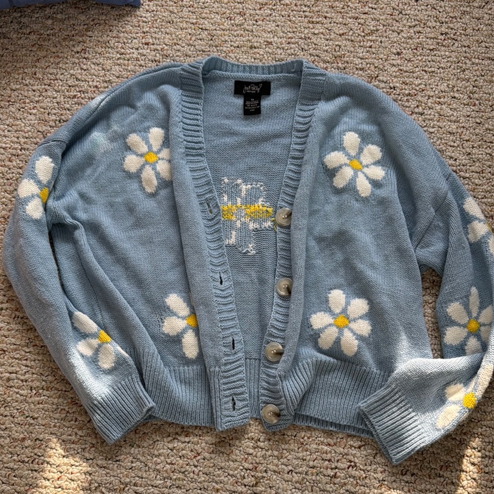Floral Embroidered Blue and White Cardigan Sweater